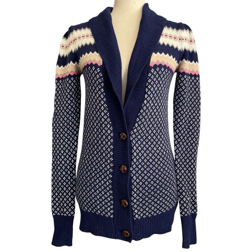 Roxy Fair Isle Cardigan Sweater Size S Blue Shawl Collar Heritage Coastal Preppy